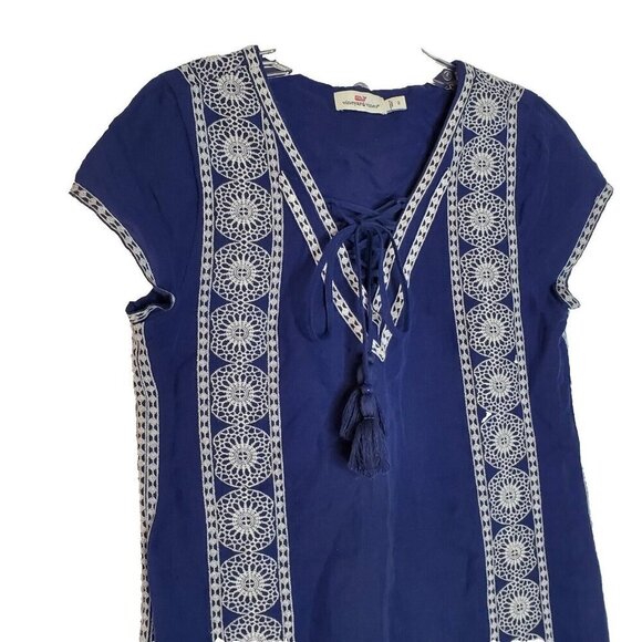 Vineyard Vines Linen Dress Sz 2 Embroidered V Neck Navy Blue White Cap Sleeves - Picture 2 of 7